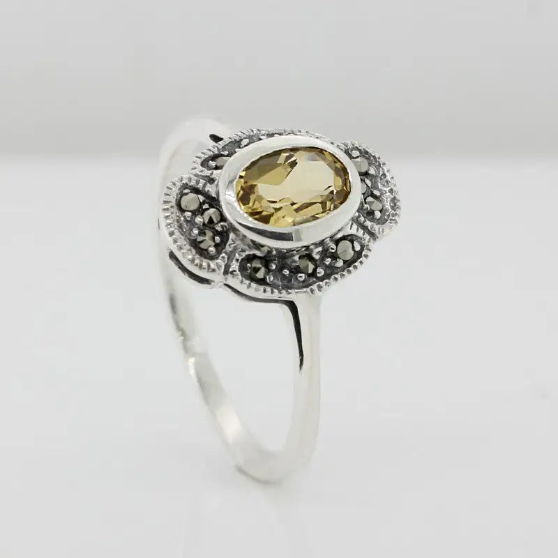 Sterling Silver Citrine & Marcasite Antique Style Ring