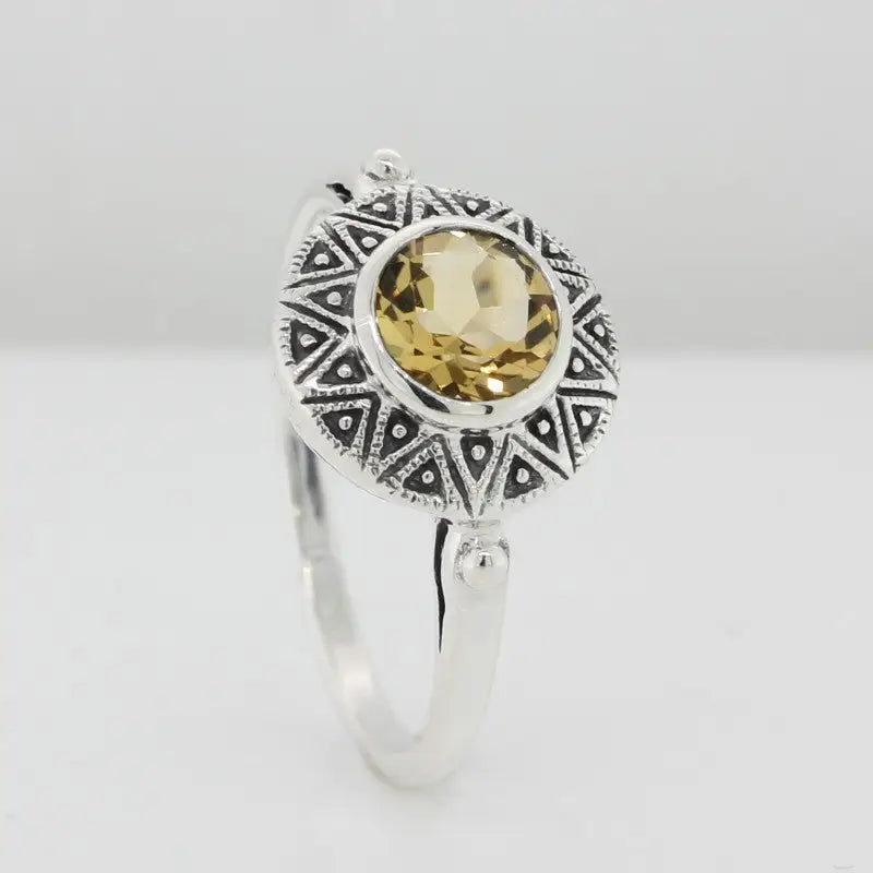 Sterling Silver Citrine Round Art Deco Style Ring