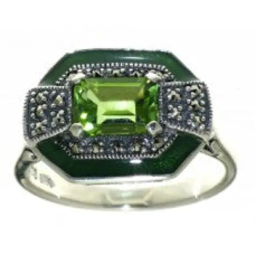 Sterling Silver Claw Set 6mm x 4mm Emerald Cut Peridot, Marcasite & Enamel Ring