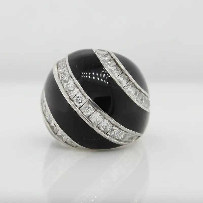Sterling Silver Cubic Zirconia Black Enamel Striped Square Ring