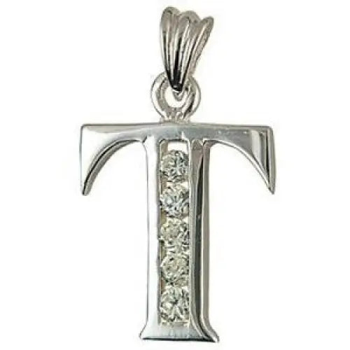 Sterling Silver Cubic Zirconia Block "T" Initial Pendant