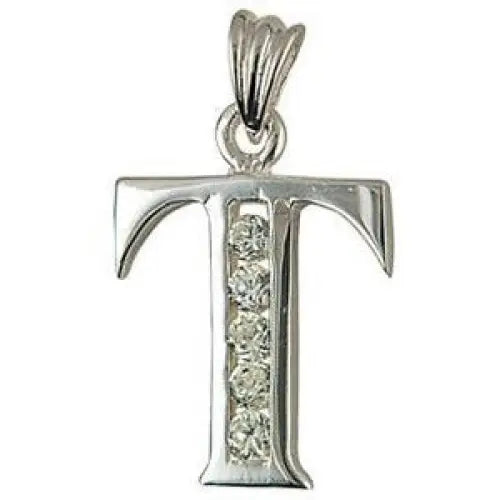 Sterling Silver Cubic Zirconia Block T Initial Pendant