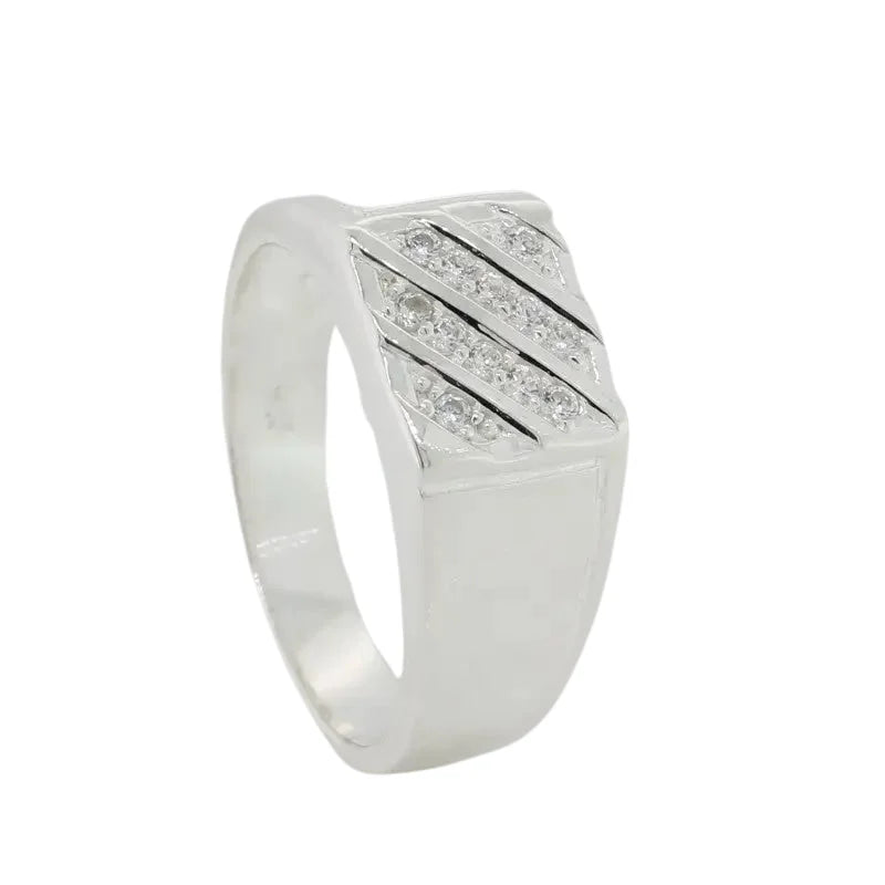 Sterling Silver Cubic Zirconia Set Gents Signet Ring 2