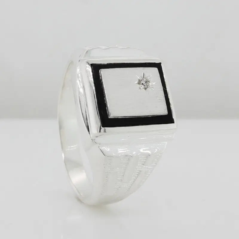 Sterling Silver CZ Onyx Gents Signet Ring