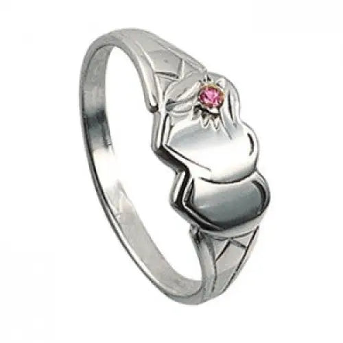 Sterling Silver Double Heart Signet Ring Pink Cubic Zirconia