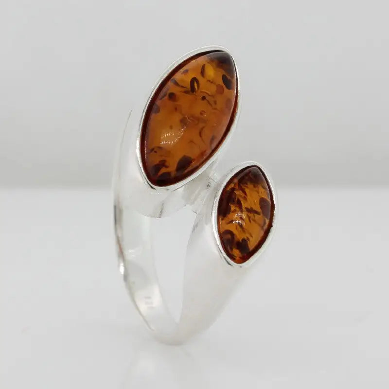 Sterling Silver Double Marquise Shape Orange Amber Offset Ring