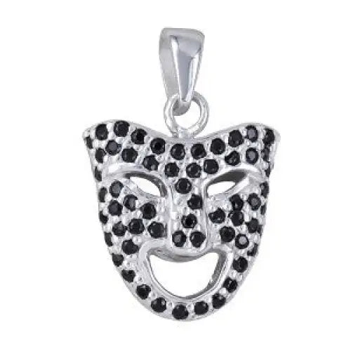 Sterling Silver Double Sided Drama Mask Pendant Black & White Cubic Zirconia