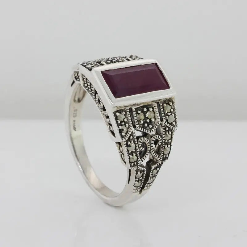 Sterling Silver Emerald Cut Ruby & Marcasite Ring