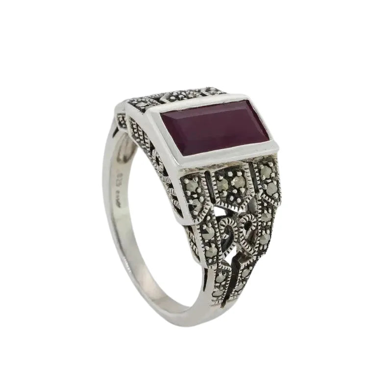 Sterling Silver Emerald Cut Ruby & Marcasite Ring SEASPRAY