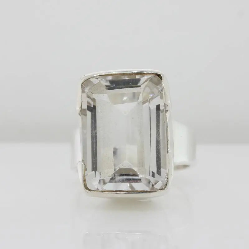 Sterling Silver Emerald Shape Clear Quartz 20mm x 13mm Bezel Set Ring Size R