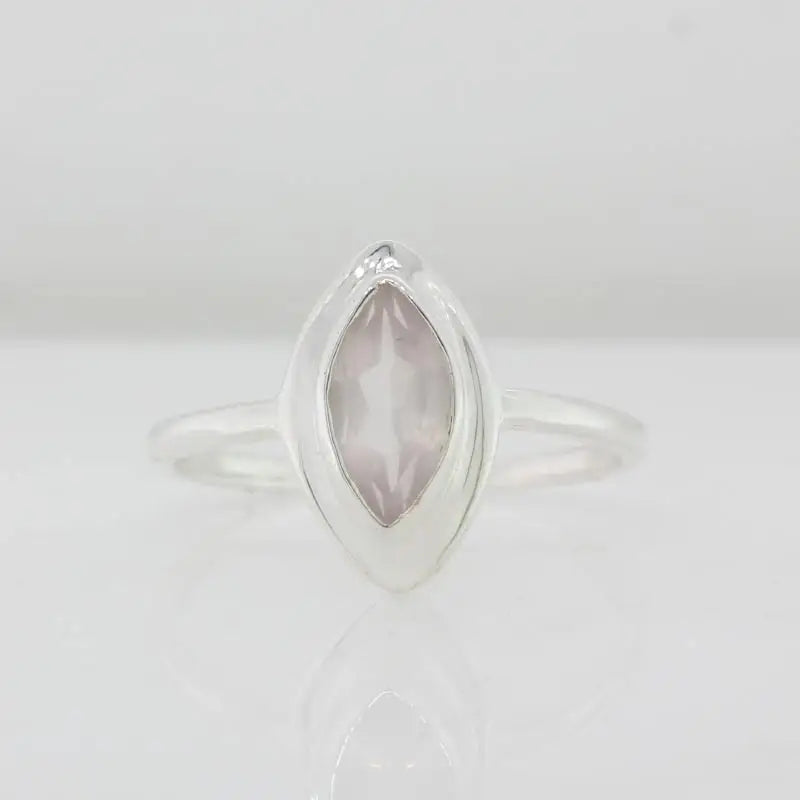 Sterling Silver Faceted Marquise Rose Quartz 10mm x 5mm Bezel Set Ring Size R 1/2