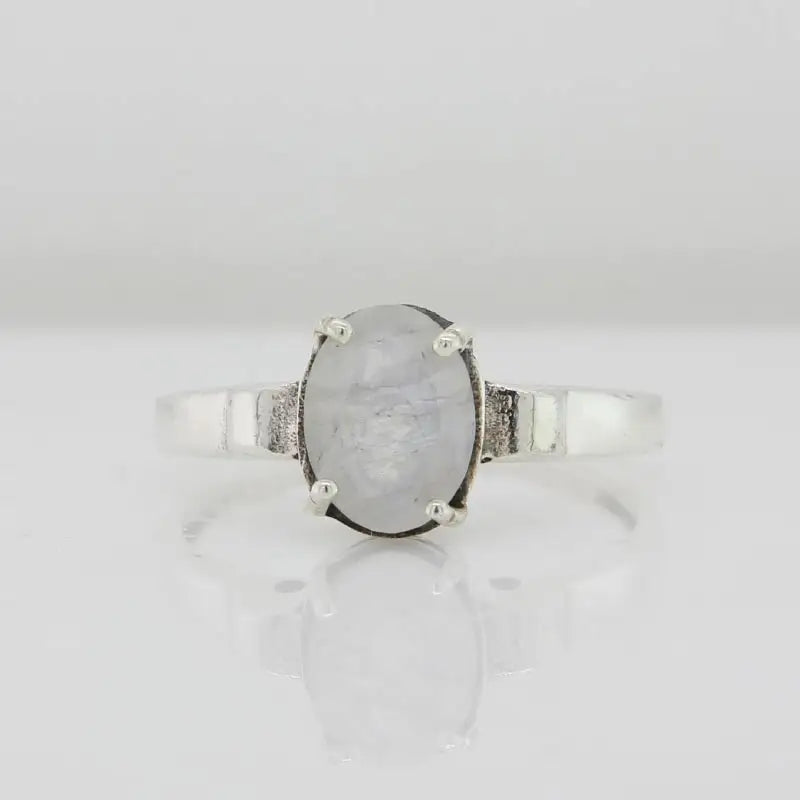 Sterling Silver Faceted Oval Moonstone 8mm x 6mm Four-Claw Set Ring Size N 