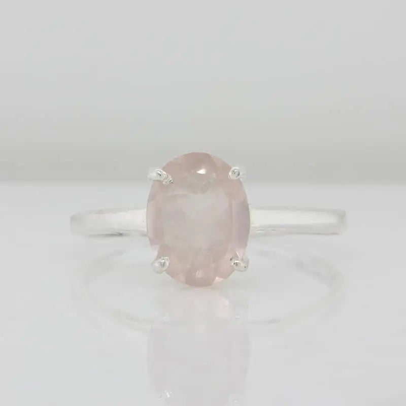 Sterling Silver Faceted Oval Shape 9mm x 7mm Rose Quartz Four-Claw Set Ring Size Q