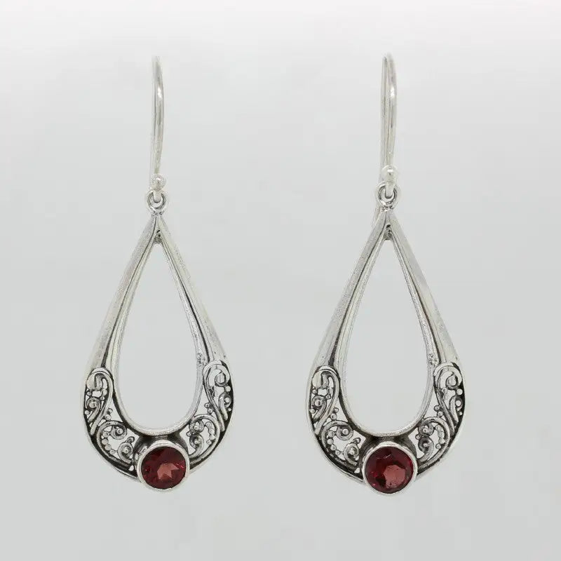 Sterling Silver & Garnet Filigree Earrings 17.05mm Width x 28.83mm Long