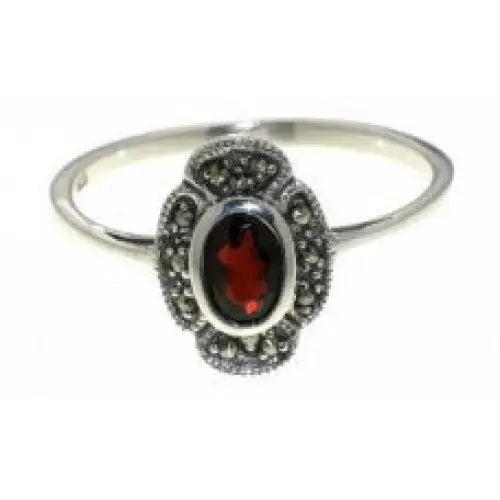 Sterling Silver Garnet & Marcasite Antique Style Ring