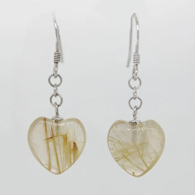 Sterling Silver Gold Rutilated Quartz Heart Drop Earrings