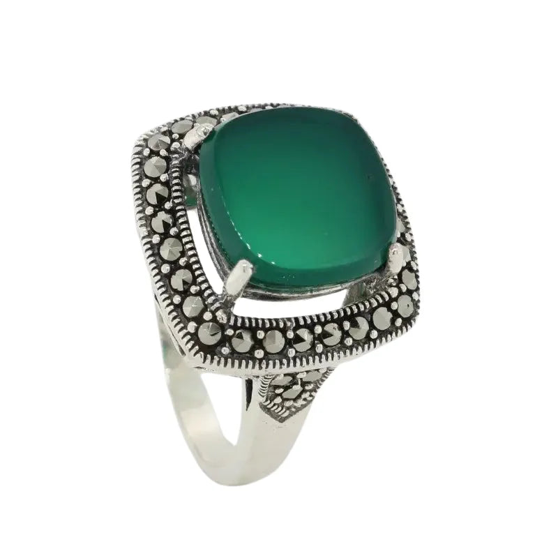 Sterling Silver Green Agate & Marcasite Ring 4 SEASPRAY