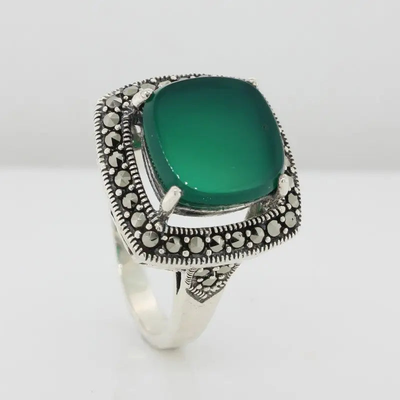 Sterling Silver Green Agate & Marcasite Ring 4