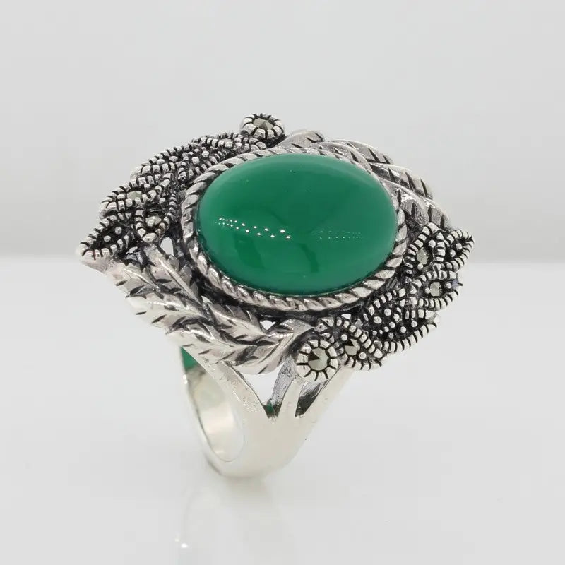 Sterling Silver Green Agate & Marcasite Ring 5