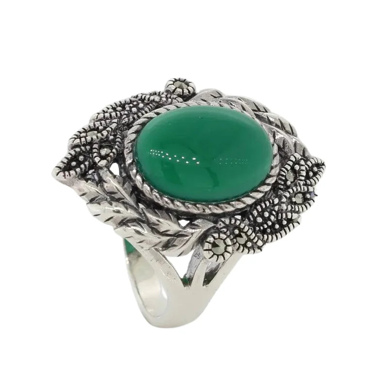 Sterling Silver Green Agate & Marcasite Ring 5 SEASPRAY