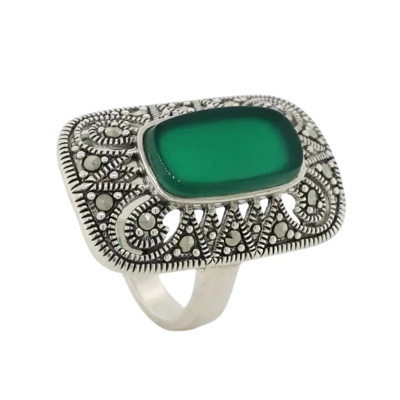 Sterling Silver Green Agate & Marcasite Ring 8 SEASPRAY
