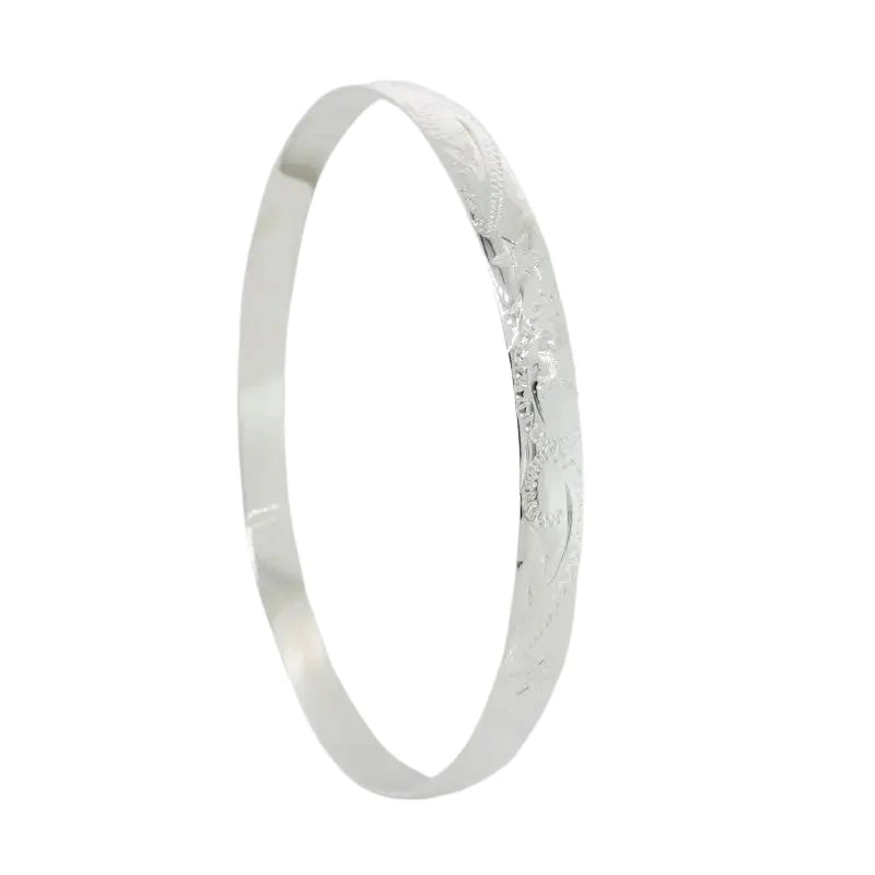 Sterling Silver Hand Engraved Low Round Bangle 6mm Wide