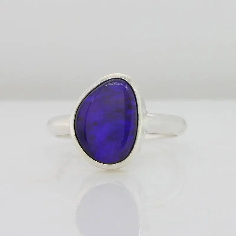 Sterling Silver Handmade Pear Opal Doublet Blue Black Ring Size R