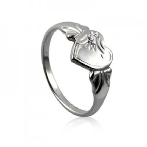 Sterling Silver Heart Signet Ring Cubic Zirconia Stone Set Size H