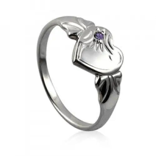 Sterling Silver Heart Signet Ring - Purple Stone