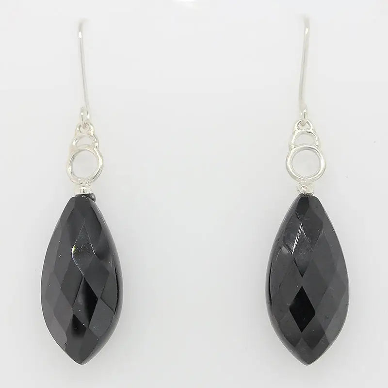 Sterling Silver HM Black Spinel Flat Marquise Briolette Drop Earrings