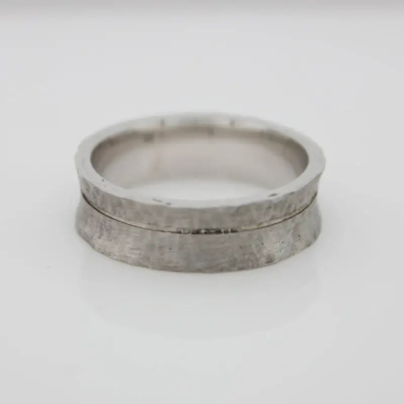Sterling Silver 'Hombre' Curved Ring Beaten Matte with Single Thin Polished Line, Size V, 6.8mm Wide