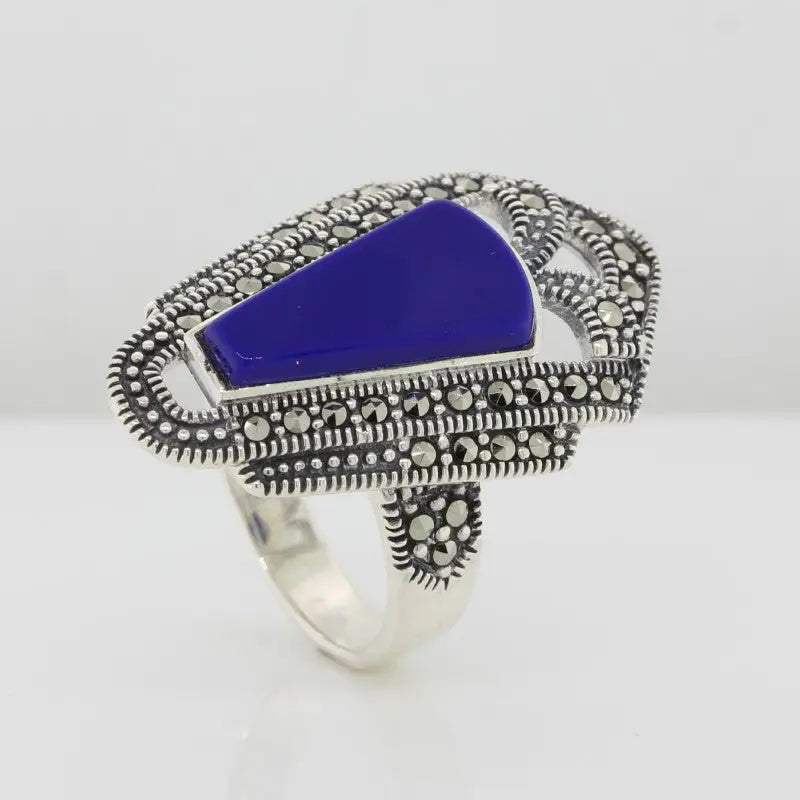 Sterling Silver Lapis & Marcasite Ring 6