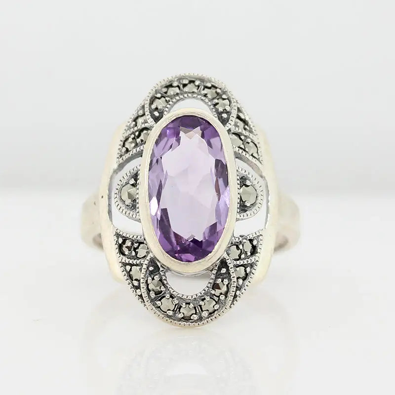 Sterling Silver Large Oval Amethyst & Marcasite Ring