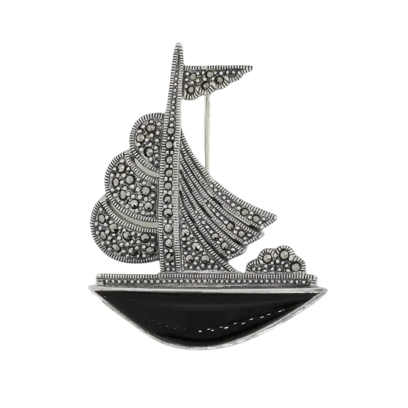 Sterling Silver Marcasite Sailing Ship with Onyx Hull Brooch