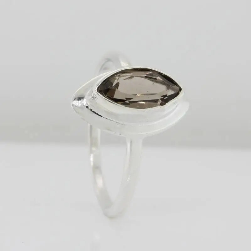 Sterling Silver Marquise Faceted Smoky Quartz 10mm x 5mm Bezel Set Ring Size O