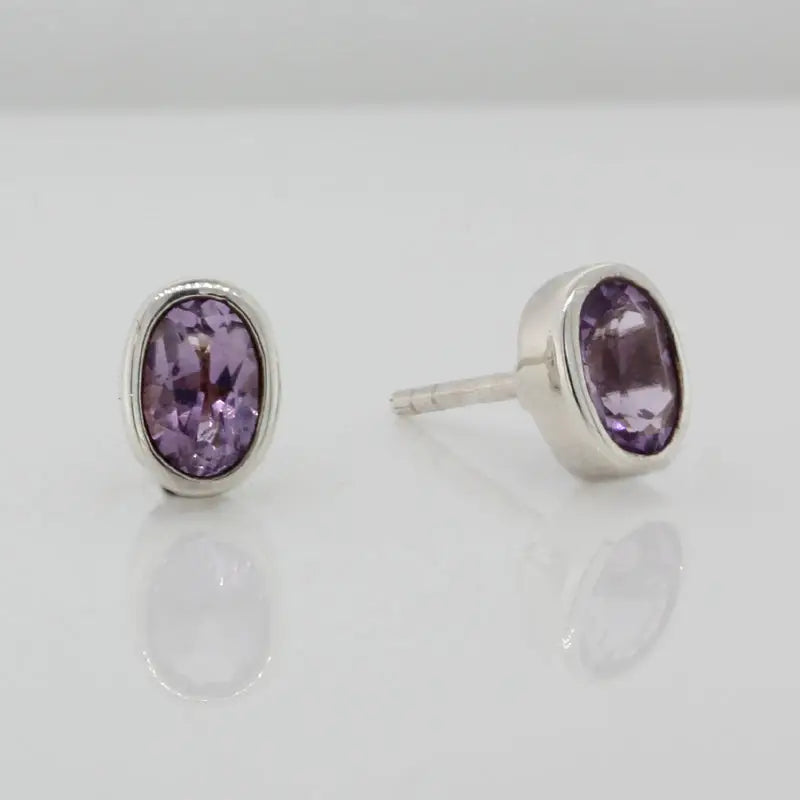 Sterling Silver Oval Amethyst Bezel Set Stud Earrings