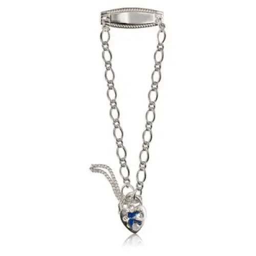 Sterling Silver Oval Baby ID Padlock Bracelet with. Blue