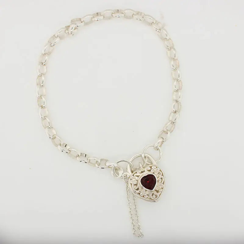 Sterling Silver Oval Belcher Bracelet with. Garnet Set Filigree Padlock 