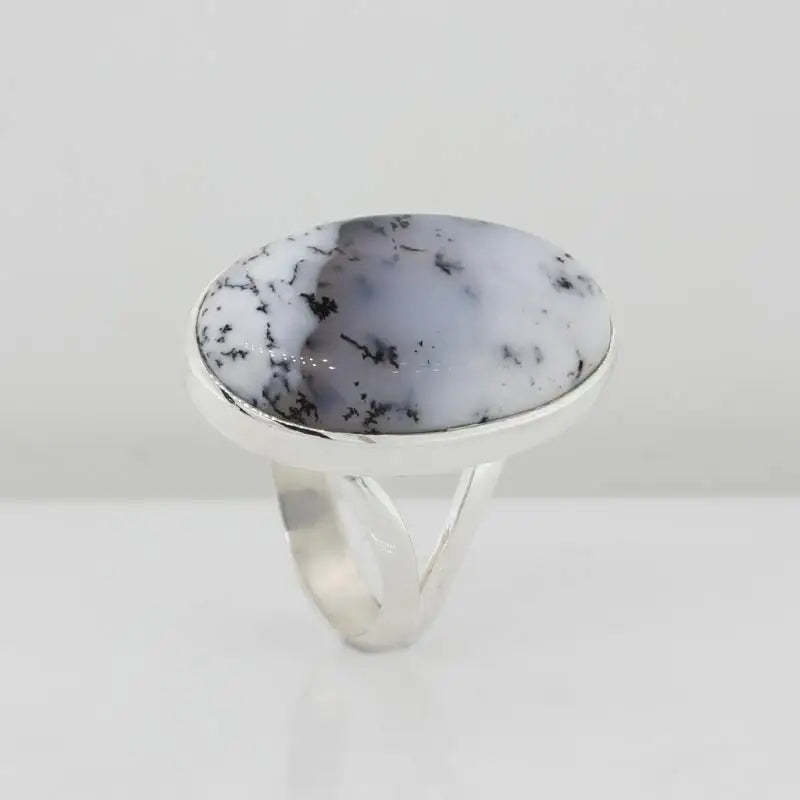 Sterling Silver Oval Cabochon Dendritic Agate 22mm x 13mm Bezel Set Ring Size O