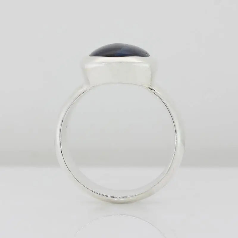 Sterling Silver Oval Cabochon Kyanite 14mm x 9mm Bezel Set Ring Size N1/2