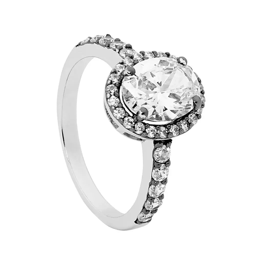 Sterling Silver Oval Cubic Zirconia Ring with Halo and Shoulder Set Cubic Zirconias Size Q