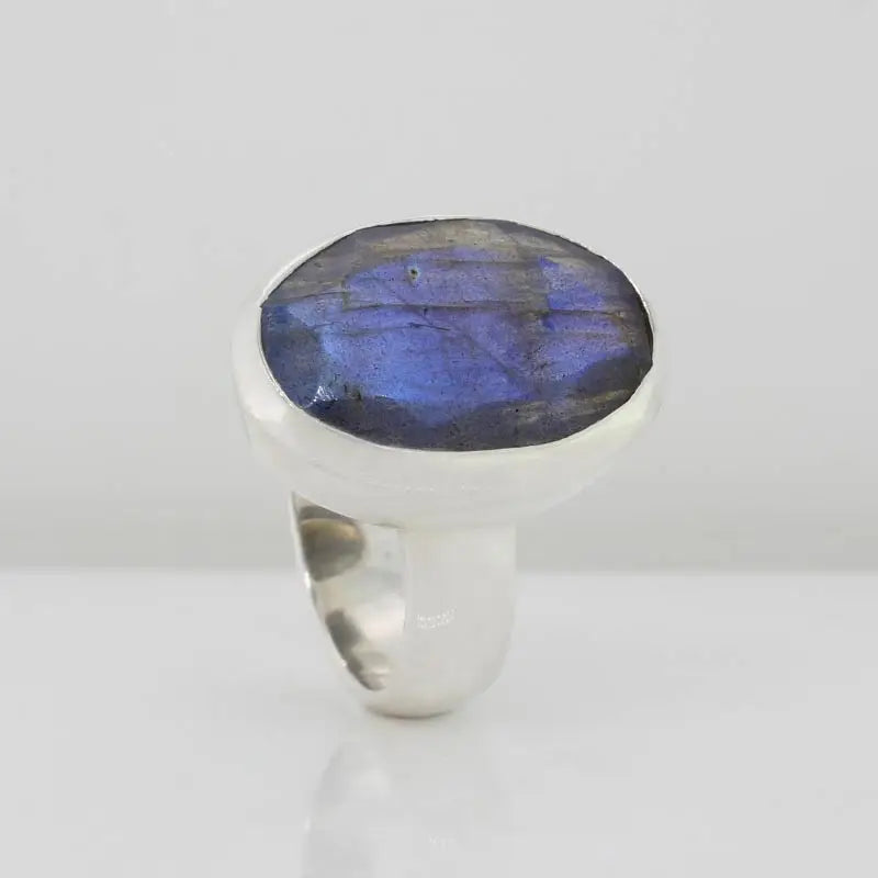 Sterling Silver Oval Faceted Labradorite 20mm x 14mm Bezel Set Ring Size Q