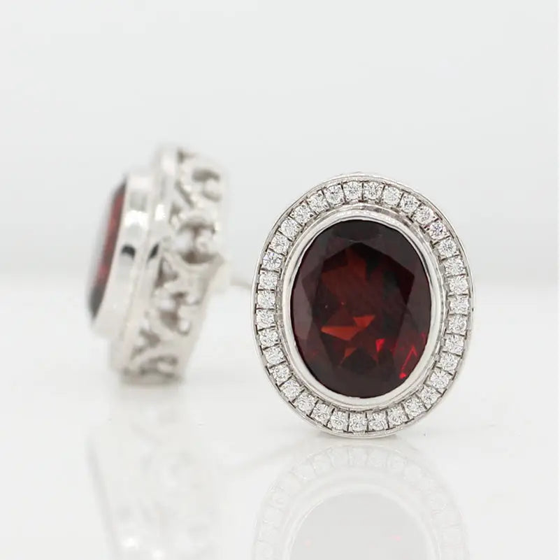 Sterling Silver  Oval Garnet & Cubic Zirconia Earrings