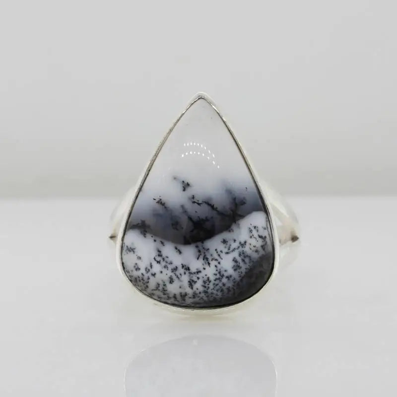 Sterling Silver Pear Cabochon Dendritic Agate 20mm x 15mm Bezel Set Ring Size Q1/2