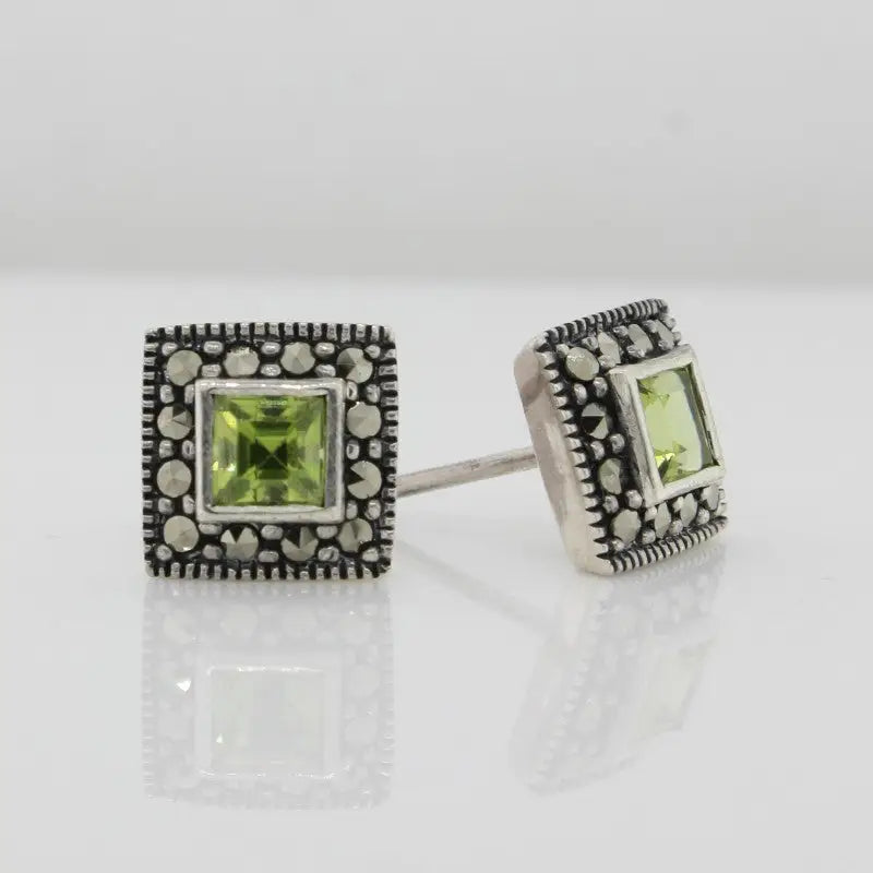 Sterling Silver Peridot & Marcasite Stud Earrings 2