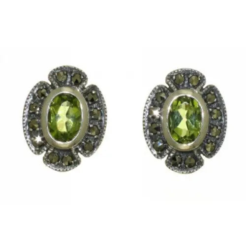 Sterling Silver Peridot & Marcasite Stud Earrings