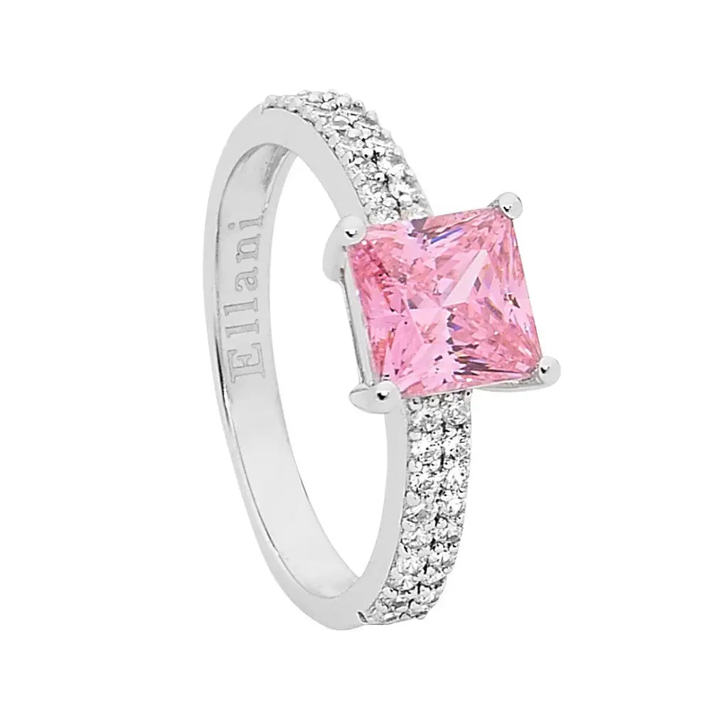 Sterling Silver Pink 7mm Princess Cut Cubic Zirconia with Double Row Cubic Zirconia Shoulders Ring Size P1/2