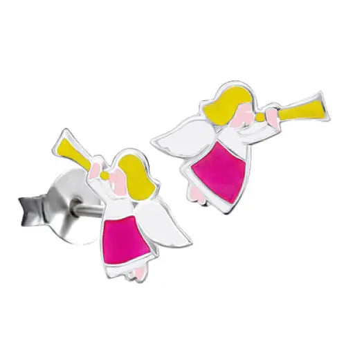 Sterling Silver Pink Enamel Angel Stud Earrings