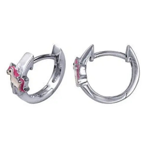 Sterling Silver Pink & White Enamel Unicorn Huggie Earrings