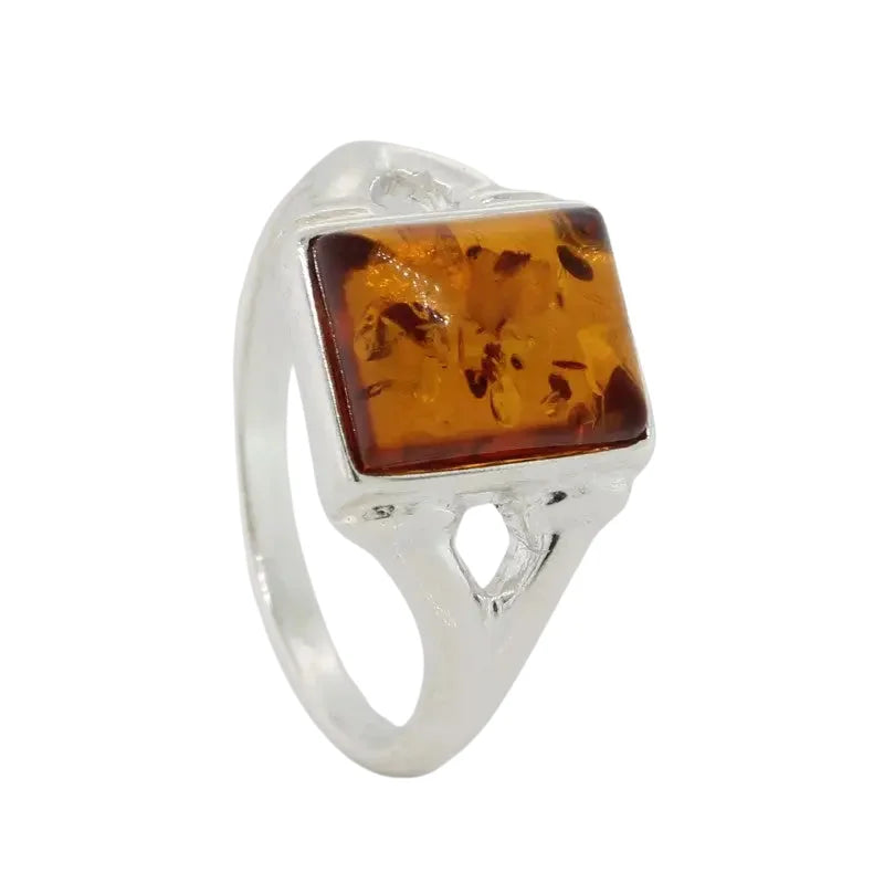 Sterling Silver Rectangle Orange Amber Ring SEASPRAY